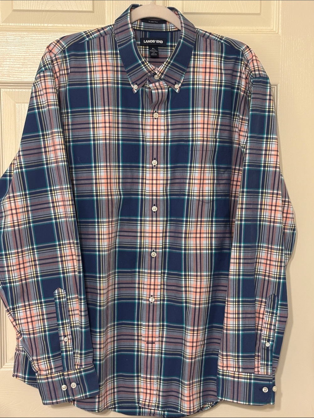 Lands' End No Iron Twill Cotton Traditional Fit Plaid Button-Down Shirt XL